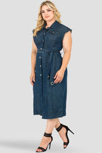 Plus Size Standards & Practices Long Frayed Drop Shoulder Sleeveless Grommet Belt and Released Hem Jacket Dress