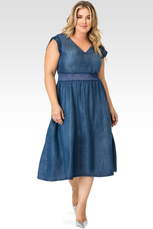 Standards & Practices Women's A-Line Midi Petal Short Sleeve Tencel Denim Dresss