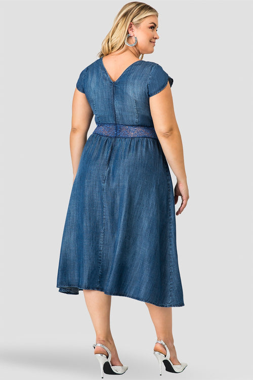 Standards & Practices Women's A-Line Midi Petal Short Sleeve Tencel Denim Dresss