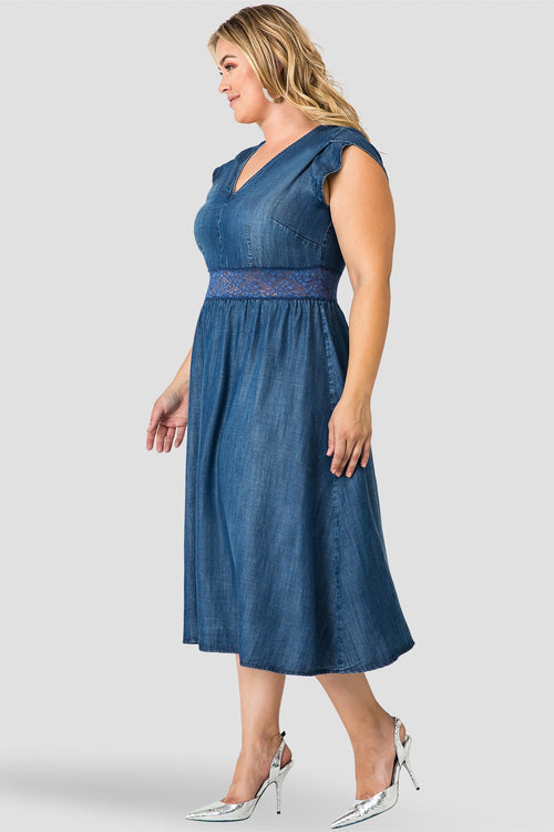 Standards & Practices Women's A-Line Midi Petal Short Sleeve Tencel Denim Dresss