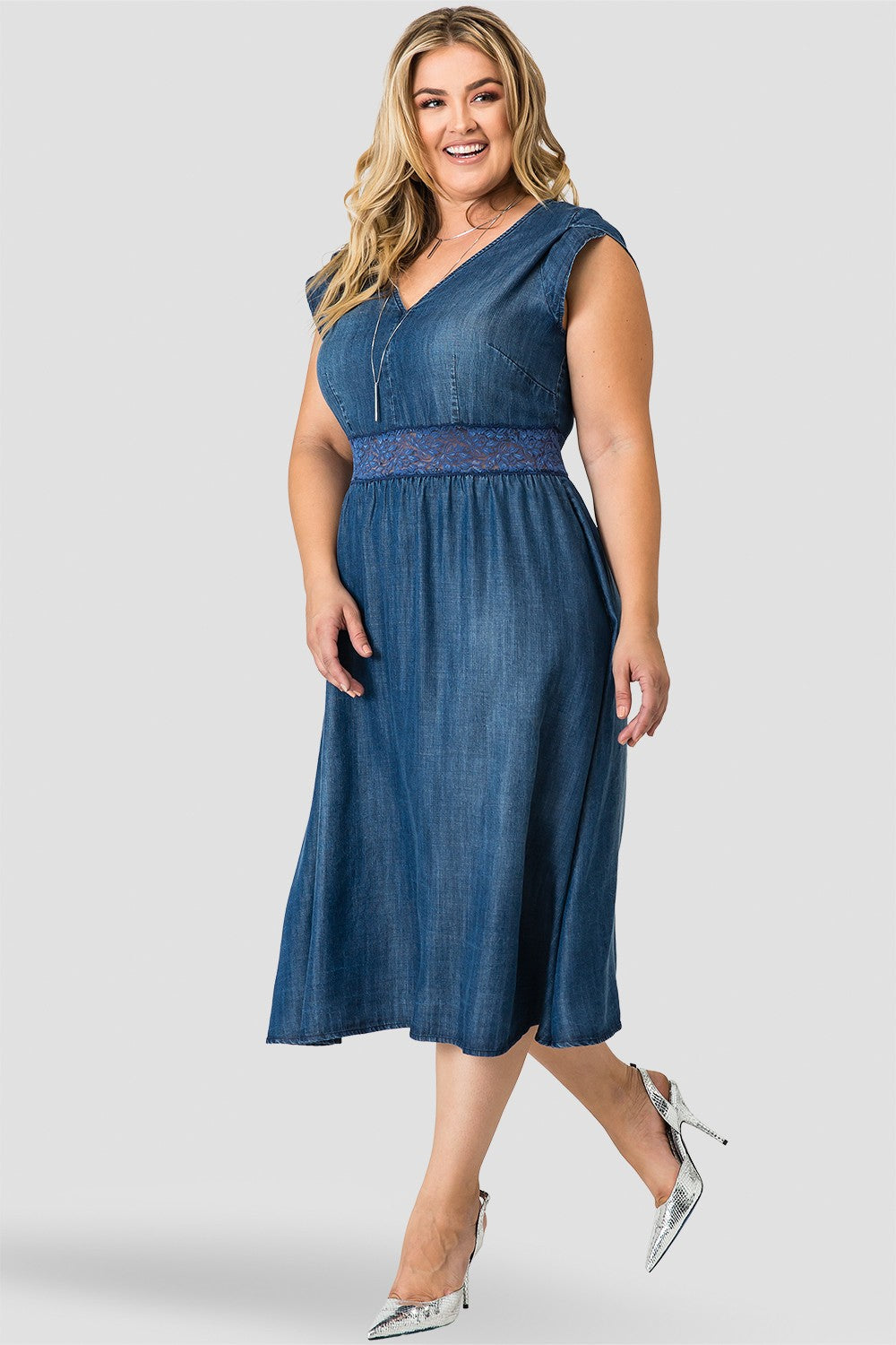 Standards & Practices Women's A-Line Midi Petal Short Sleeve Tencel Denim Dresss - Rosaleen 16