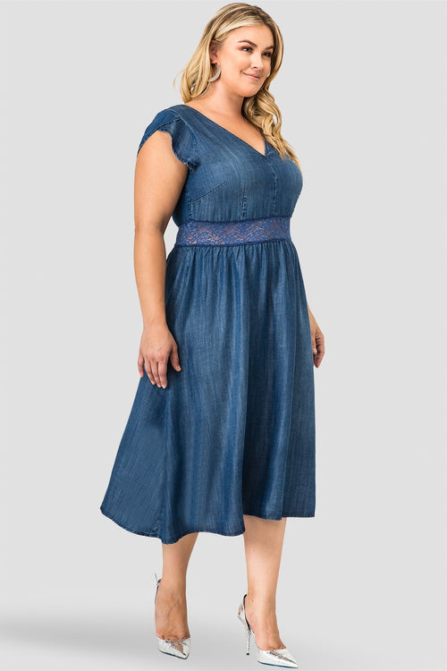 Standards & Practices Women's A-Line Midi Petal Short Sleeve Tencel Denim Dresss