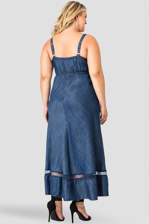 Standards & Practices Women's Spaghetti Strap Maxi Tencel Denim & Lace Dress