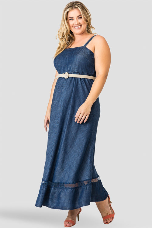 Standards & Practices Women's Spaghetti Strap Maxi Tencel Denim & Lace Dress