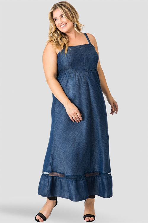 Standards & Practices Women's Spaghetti Strap Maxi Tencel Denim & Lace Dress