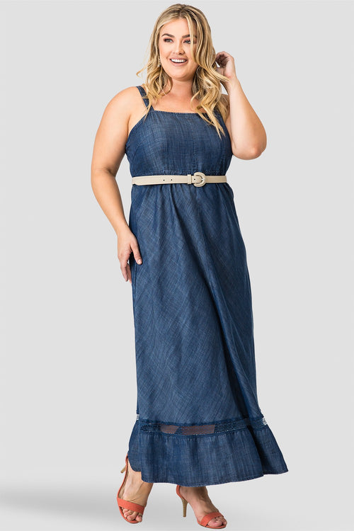 Standards & Practices Women's Spaghetti Strap Maxi Tencel Denim & Lace Dress