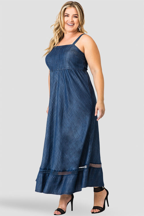 Standards & Practices Women's Spaghetti Strap Maxi Tencel Denim & Lace Dress
