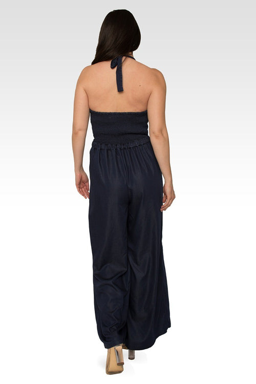 London Deep V-Neck Halter Backless Indigo Tencel Wide Leg Jumpsuit
