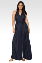 London Deep V-Neck Halter Backless Indigo Tencel Wide Leg Jumpsuit