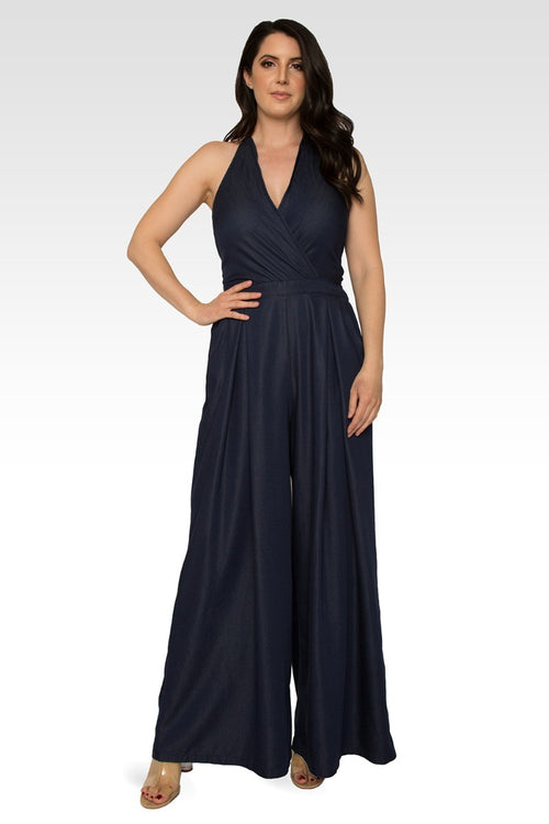 London Deep V-Neck Halter Backless Indigo Tencel Wide Leg Jumpsuit