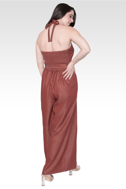 London Deep V-Neck Halter Backless Brown Tencel Wide Leg Jumpsuit