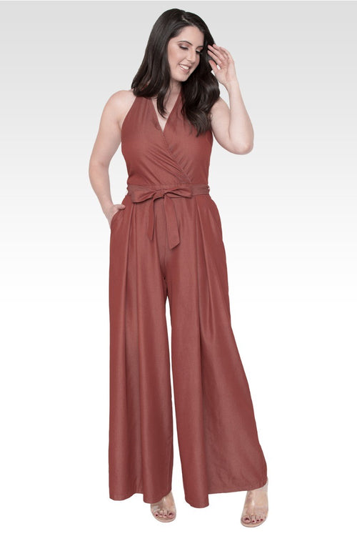 London Deep V-Neck Halter Backless Brown Tencel Wide Leg Jumpsuit