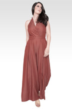 London Deep V-Neck Halter Backless Brown Tencel Wide Leg Jumpsuit