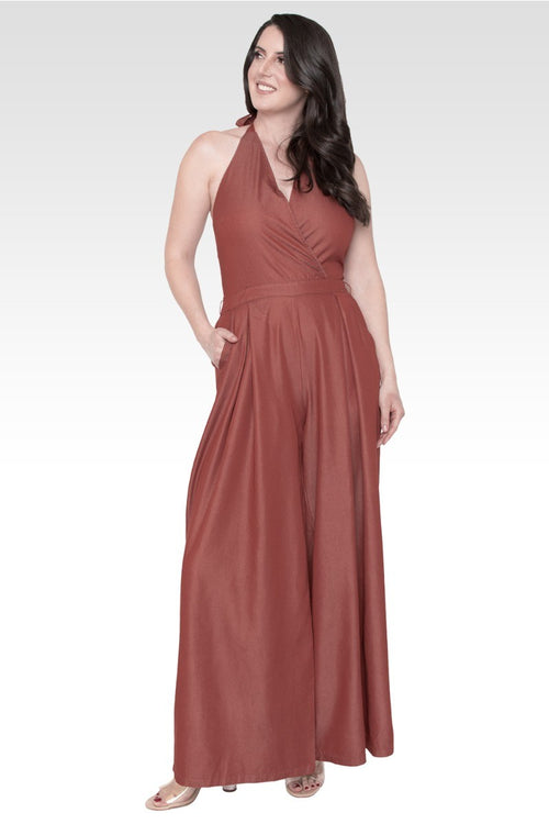 London Deep V-Neck Halter Backless Brown Tencel Wide Leg Jumpsuit