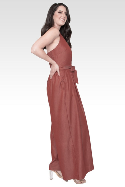 London Deep V-Neck Halter Backless Brown Tencel Wide Leg Jumpsuit