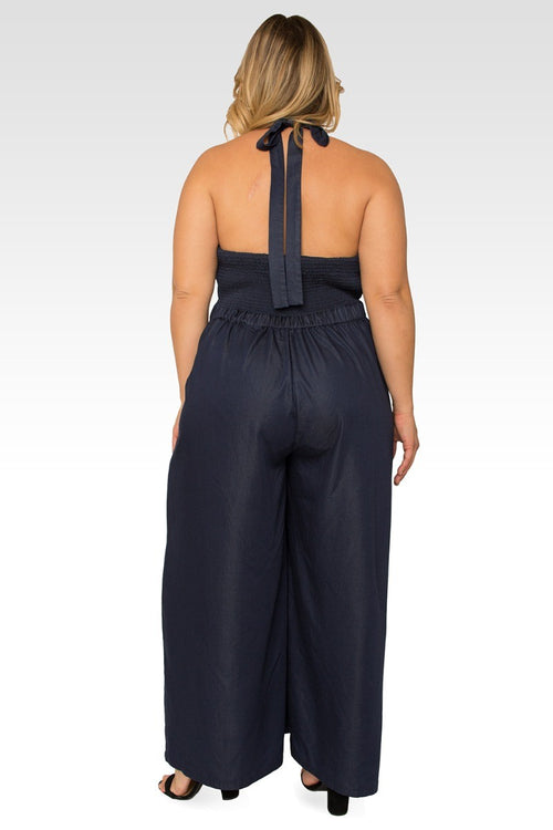 London Plus Size Deep V-Neck Halter Backless Indigo Tencel Wide Leg Jumpsuit
