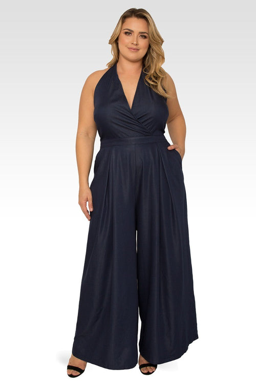 London Plus Size Deep V-Neck Halter Backless Indigo Tencel Wide Leg Jumpsuit