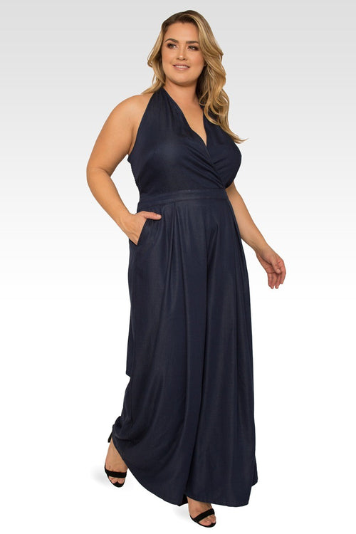 London Plus Size Deep V-Neck Halter Backless Indigo Tencel Wide Leg Jumpsuit