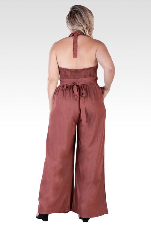 London Plus Size Deep V-Neck Halter Backless Brown Tencel Wide Leg Jumpsuit