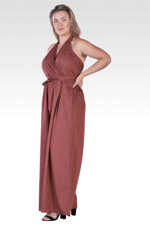 London Plus Size Deep V-Neck Halter Backless Brown Tencel Wide Leg Jumpsuit