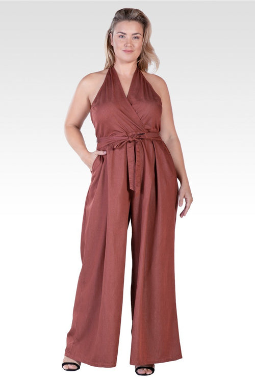 London Plus Size Deep V-Neck Halter Backless Brown Tencel Wide Leg Jumpsuit