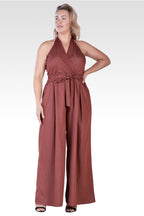 London Plus Size Deep V-Neck Halter Backless Brown Tencel Wide Leg Jumpsuit