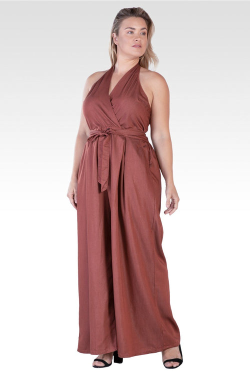London Plus Size Deep V-Neck Halter Backless Brown Tencel Wide Leg Jumpsuit