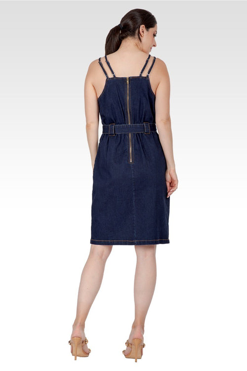 Gianna Women's Denim Front Slit Double Strap Casual Midi Dress