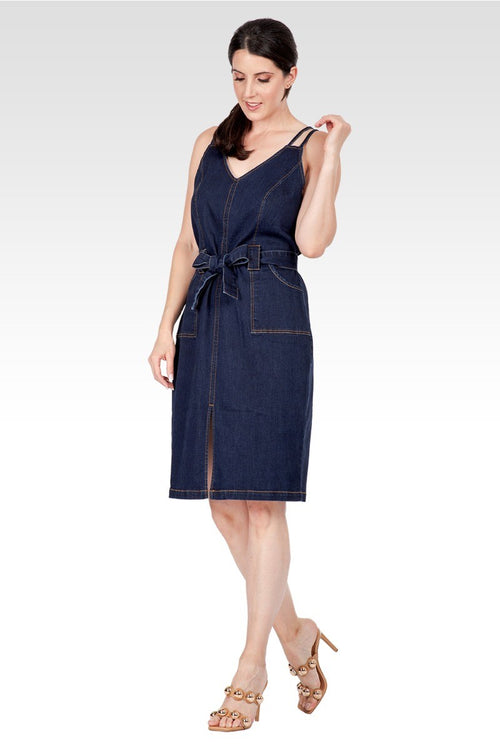Gianna Women's Denim Front Slit Double Strap Casual Midi Dress