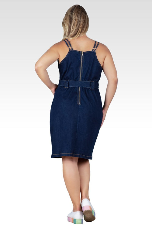 Gianna Women's Plus Size Denim Front Slit Double Strap Casual Midi Dress