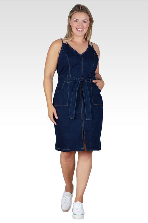 Gianna Women's Plus Size Denim Front Slit Double Strap Casual Midi Dress