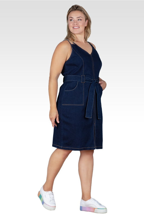 Gianna Women's Plus Size Denim Front Slit Double Strap Casual Midi Dress
