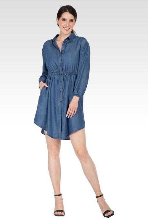 Nora Women's Long Sleeves Buttoned Down Elastic Waist Shirt Dress