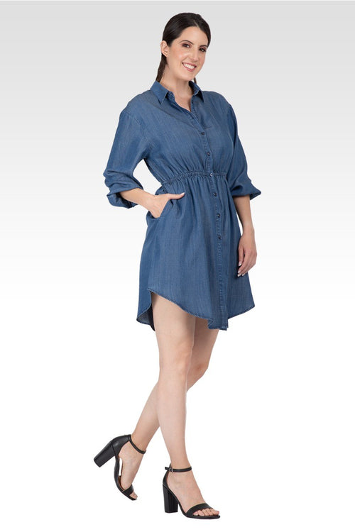Nora Women's Long Sleeves Buttoned Down Elastic Waist Shirt Dress