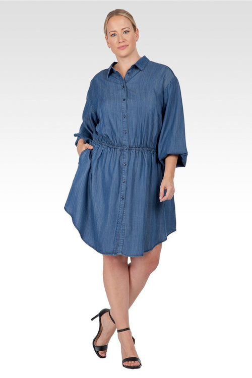 Nora Women's Plus Size Buttoned Down Elastic Waist Shirt Dress