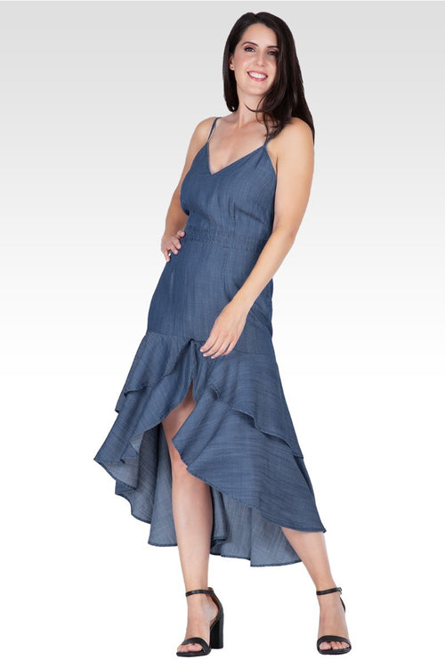 Strom Women's Tencel High-Low Ruffle Hem Maxi Dress