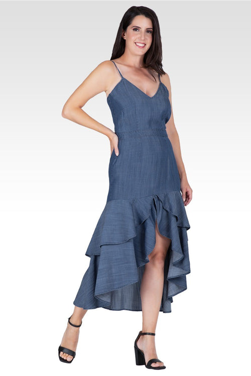 Strom Women's Tencel High-Low Ruffle Hem Maxi Dress