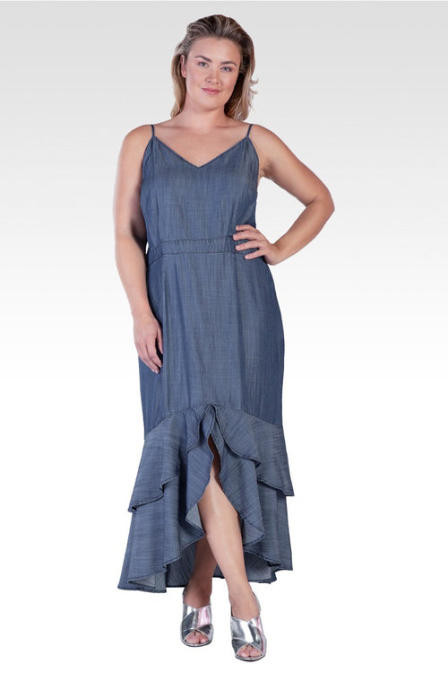 Strom Women's Plus Size Tencel High-Low Ruffle Hem Maxi Dress