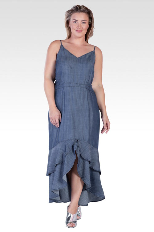 Strom Women's Plus Size Tencel High-Low Ruffle Hem Maxi Dress