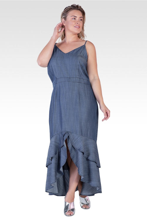Strom Women's Plus Size Tencel High-Low Ruffle Hem Maxi Dress