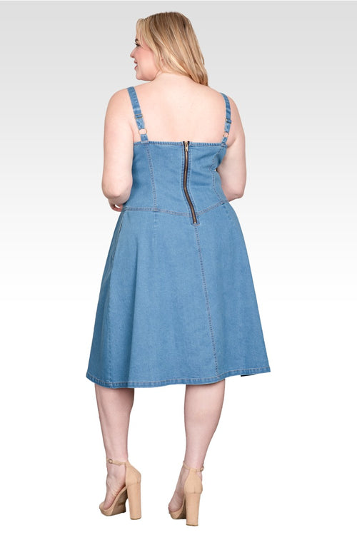 Plus Size Wide Straps Button Front Denim Midi Dress
