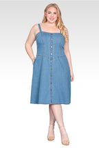 Plus Size Wide Straps Button Front Denim Midi Dress