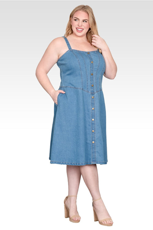 Plus Size Wide Straps Button Front Denim Midi Dress
