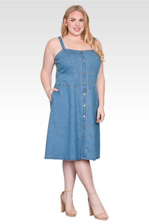 Plus Size Wide Straps Button Front Denim Midi Dress