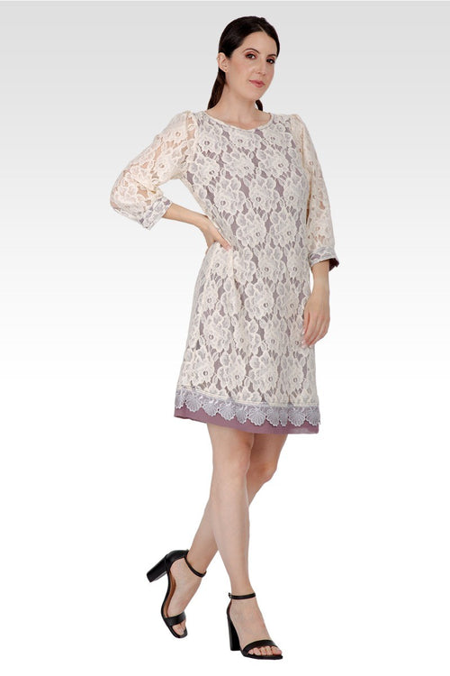 Everleigh Women's Elegant  Floral  Lace Boat Neck 3/4 sleeve Midi Dress