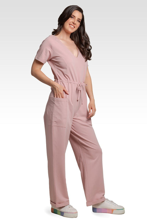 Wendy French Terry Mauve Pink Short Sleeve Sweat Lounge Jumpsuit