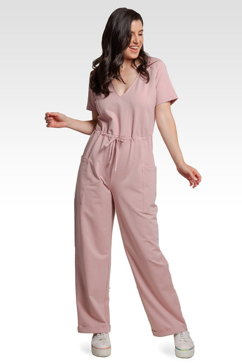 Wendy French Terry Mauve Pink Short Sleeve Sweat Lounge Jumpsuit