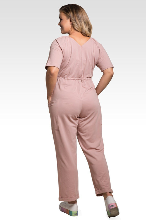 Wendy Plus Size French Terry Mauve Pink Short Sleeve Sweat Lounge Jumpsuit