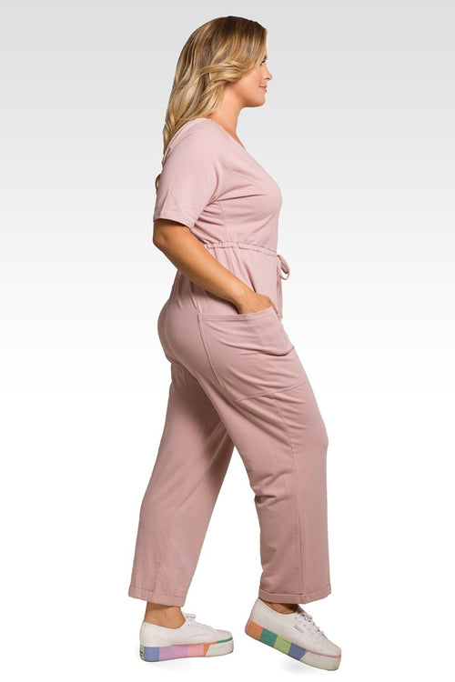 Wendy Plus Size French Terry Mauve Pink Short Sleeve Sweat Lounge Jumpsuit