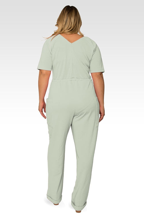 Wendy Plus Size French Terry Sage Green Short Sleeve Sweat Lounge Jumpsuit